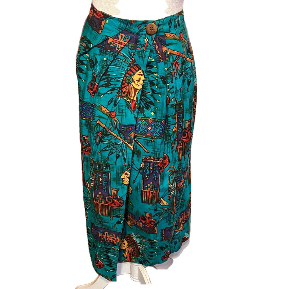 Vintage Sharon Young Indian Native American Print Wrap Print Green Skirt 4